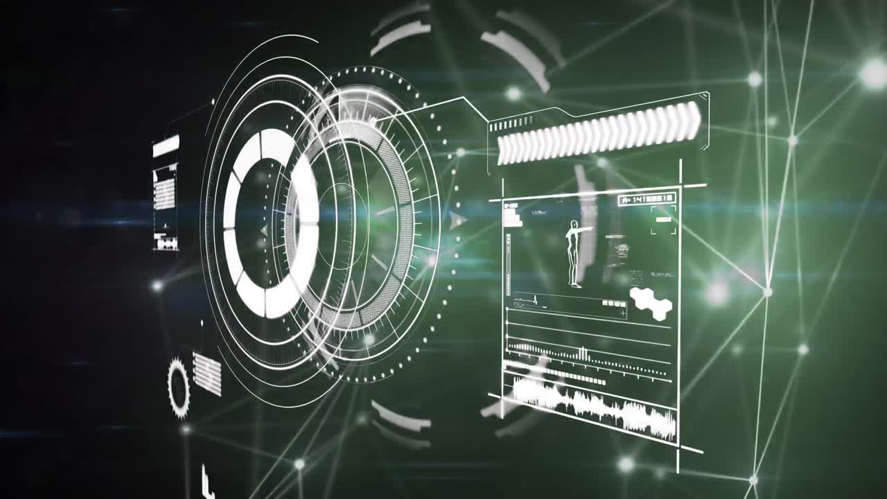 검은 바탕에 대한 범위 스캔, 연결 네트워크 및 데이터 처리의 애니메이션