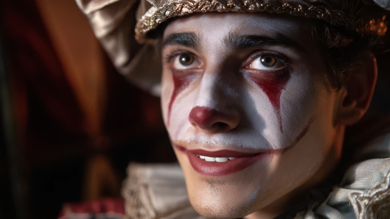 Ritratto affascinante di un clown con tratti espressivi catturato in due fotogrammi che mostrano un percorso emotivo di trasformazione dalla malinconia alla gioia