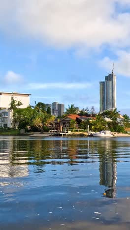 City Riverfront Buildings in Sunny Morning