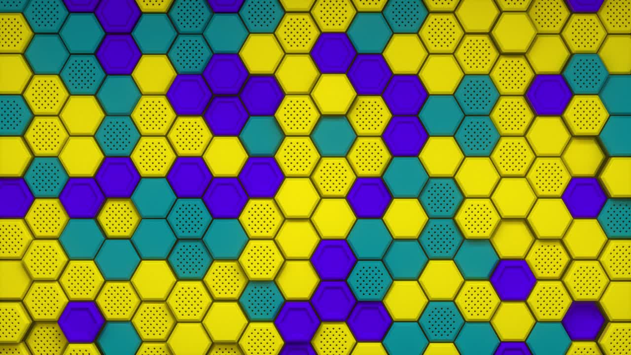 abstracto amarillo púrpura verde fondo hexagonal. hexágono en relieve, fondo de panal. moderna plantilla de fondo para documentos, informes y presentaciones. ciencia ficción futurista. animación en 3d bucle 4k