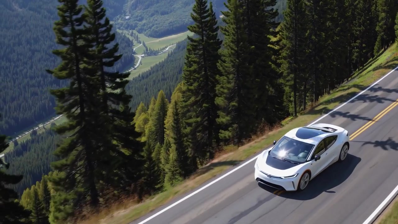 景色の良い山道を走行する白い電気自動車
