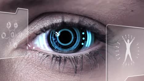 animation of medical structure, human body in displays over woman with digital scanning eyeball