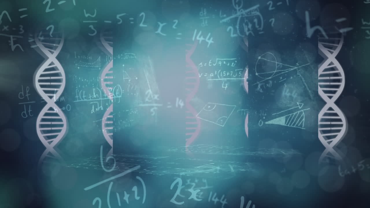 Mavi arka plan üzerinde bokeh efektiyle DNA ve bilimsel verilerin animasyonu.