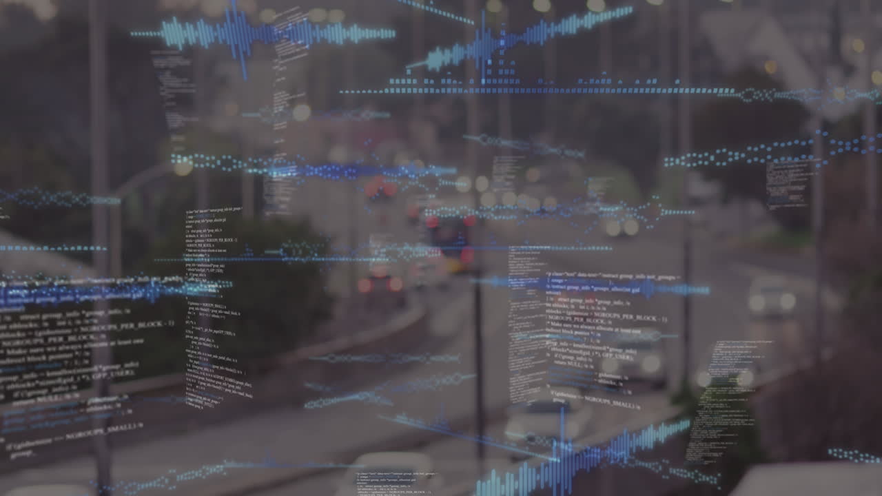 animación del procesamiento de datos frente a la vista aérea del tráfico de la ciudad.