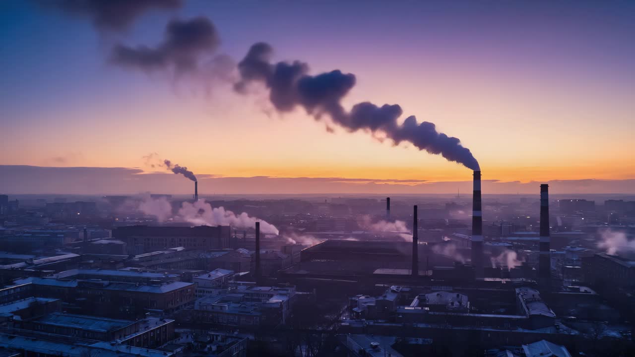 Industrial Cityscape at Dawn with Smoking Chimneys