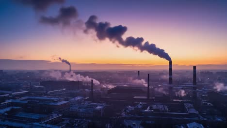 industrial cityscape at dawn with smoking chimneys