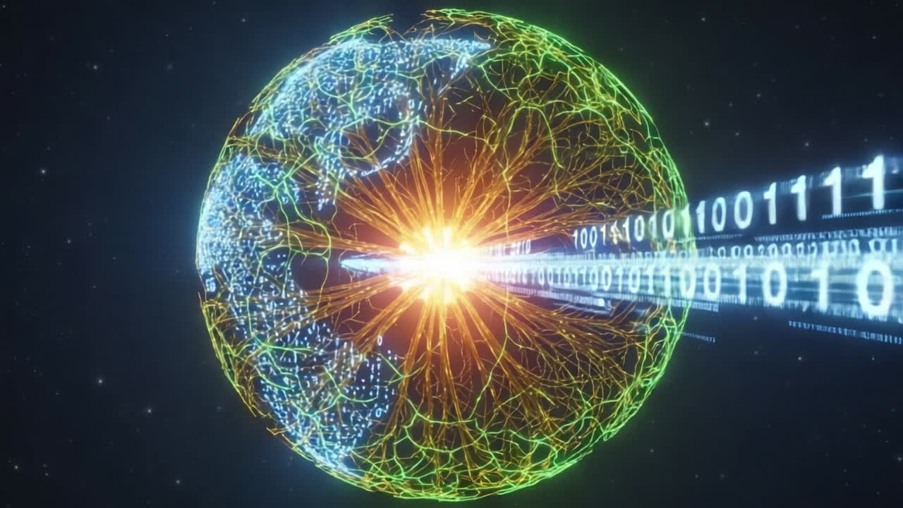 A Stunning Visualization of Global Connectivity and Data Transmission through a Vibrant Digital Earth Representing the Flow of Information
