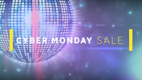 Animation-Einer-Beleuchteten-Discokugel,-Die-Sich-Mit-Hellen-Strahlen-Dreht,-Und-Text-Zum-Cyber-Monday-Verkauf