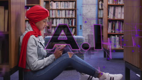 animation of ai text and data over biracial female student in hijab with smartphone