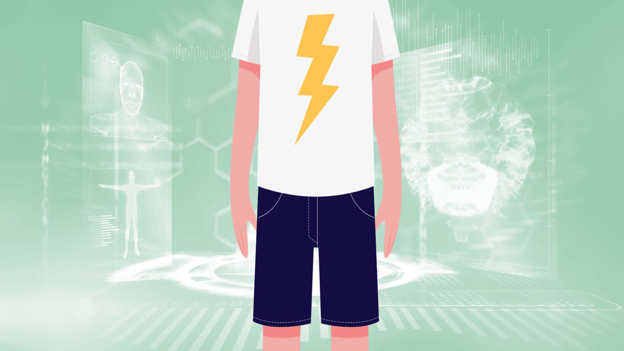 animación de un niño con una máscara facial sobre iconos médicos