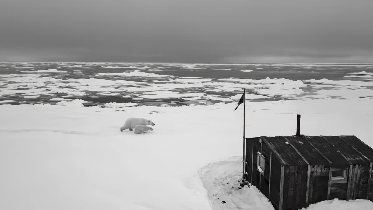 Black and White Aerial of Polar Bear and Cub in Arctic Snow