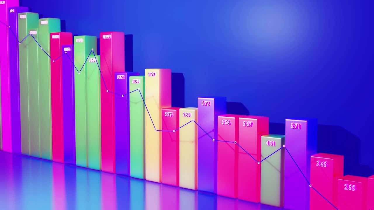 infografías en bucle abstractos de fondo con barras 3d multicolores en azul, por ejemplo. gráfico de degradación de columnas. fondo económico con espacio de copia en 4k. barras 3d como gráfico de datos estadísticos.
