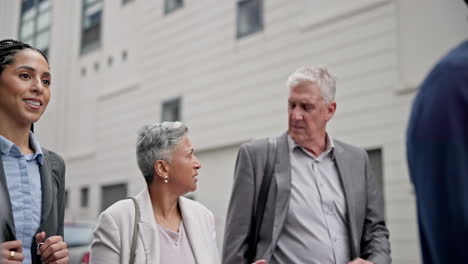 City-discussion,-walking-and-group-of-business