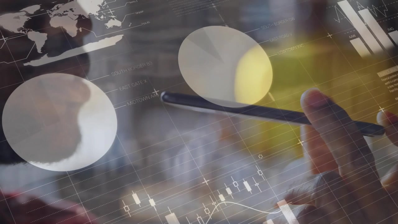 Animation of statistics and financial data processing over businessman using smartphone