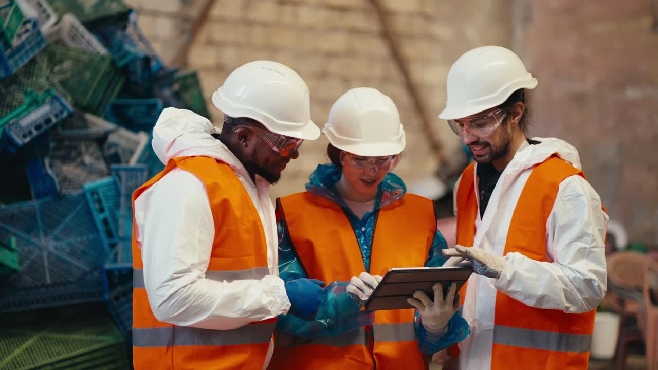 A man with Black skin in a white protective uniform and an orange vest in a white protective helmet together with his colleagues a brunette girl in a blue protective uniform and a guy with a beard look at a tablet near large piles of garbage and figure out their plans at a large waste processing pla