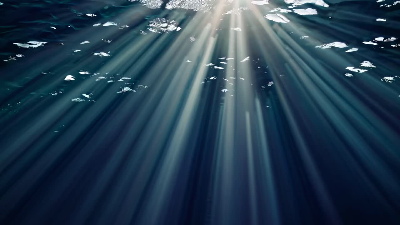 Underwater video shot from below, capturing sunlight beams penetrating the ocean surface