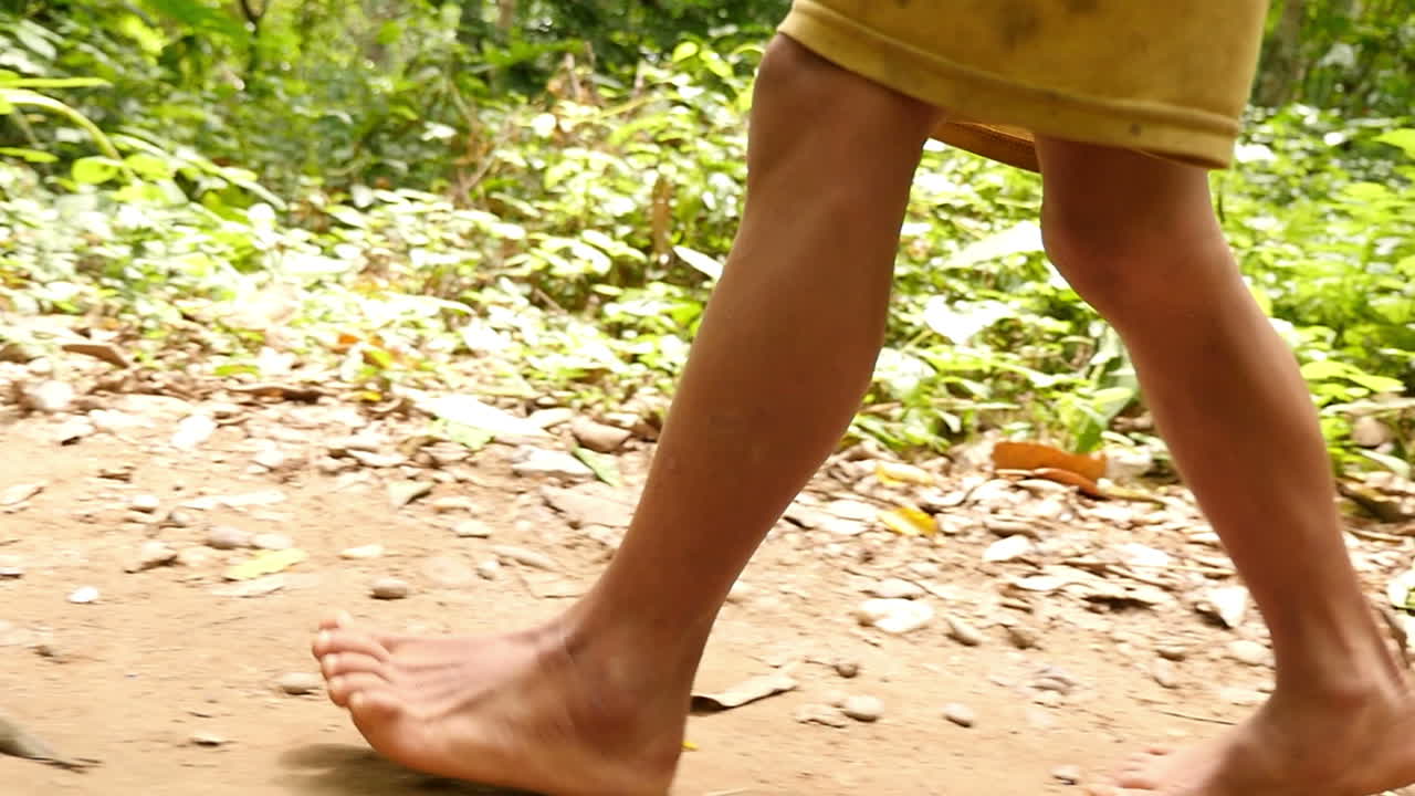 Child Walking Barefoot in a Tropical Forest