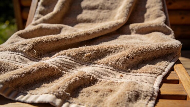 Asciugamano di spugna beige che si sposta reagendo alla luce solare e alla brezza, muovendo detriti su un lettino di legno a doghe.