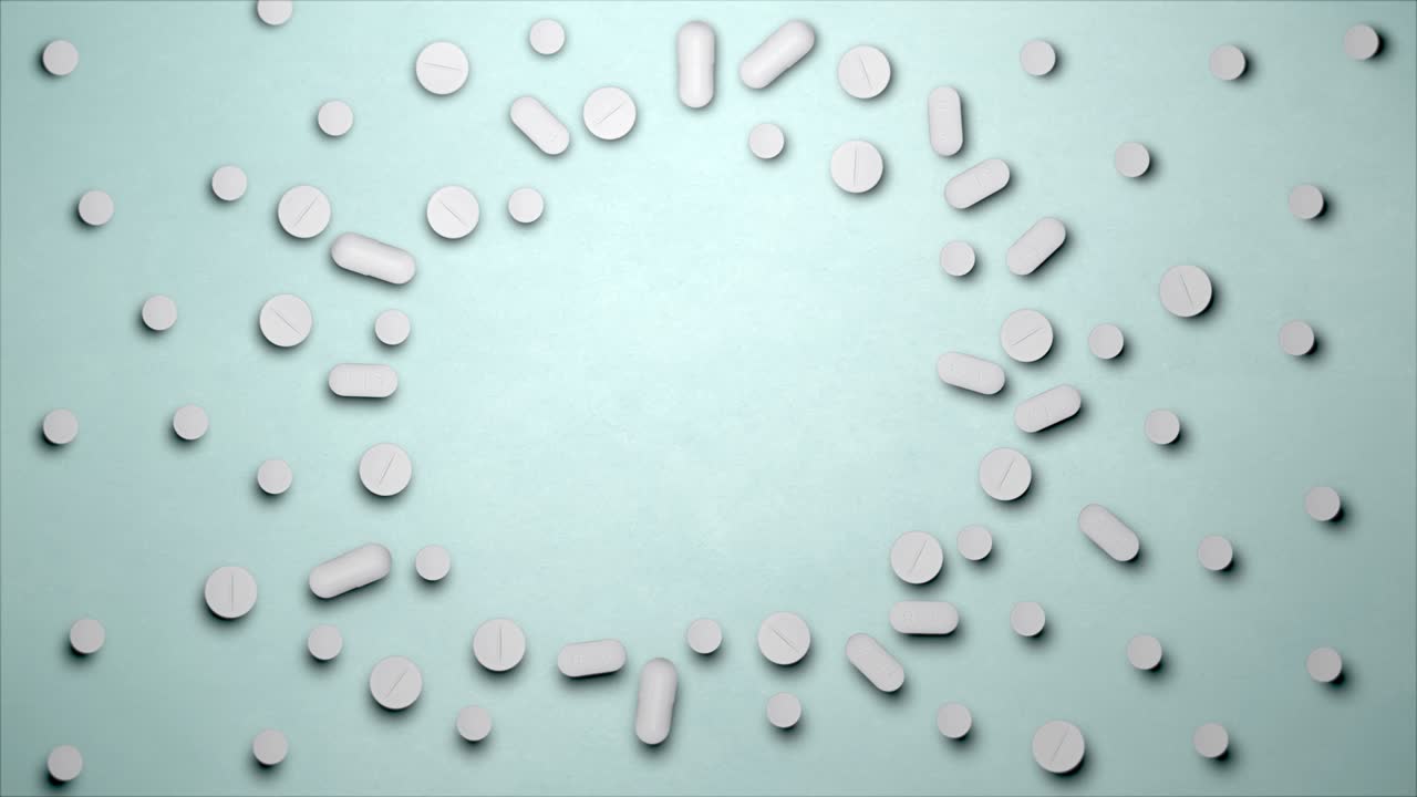 스 모션 애니메이션: 파란색 바탕에 색 알약, 상단 뷰, 의료 약물, 중앙에 빈 공간, 태블릿, 4k 스 비디오 및 영상