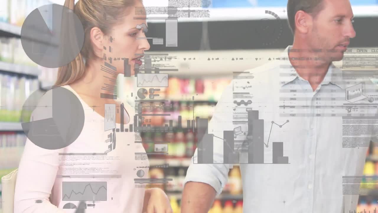 상점에 있는 백인 부부에 대한 금융 데이터 처리의 애니메이션