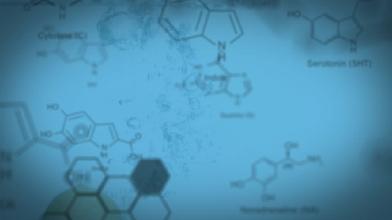 Animation of molecule structures over lemon falling in water against blue background