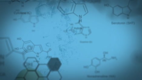 animación de estructuras moleculares sobre limón que cae en el agua contra un fondo azul