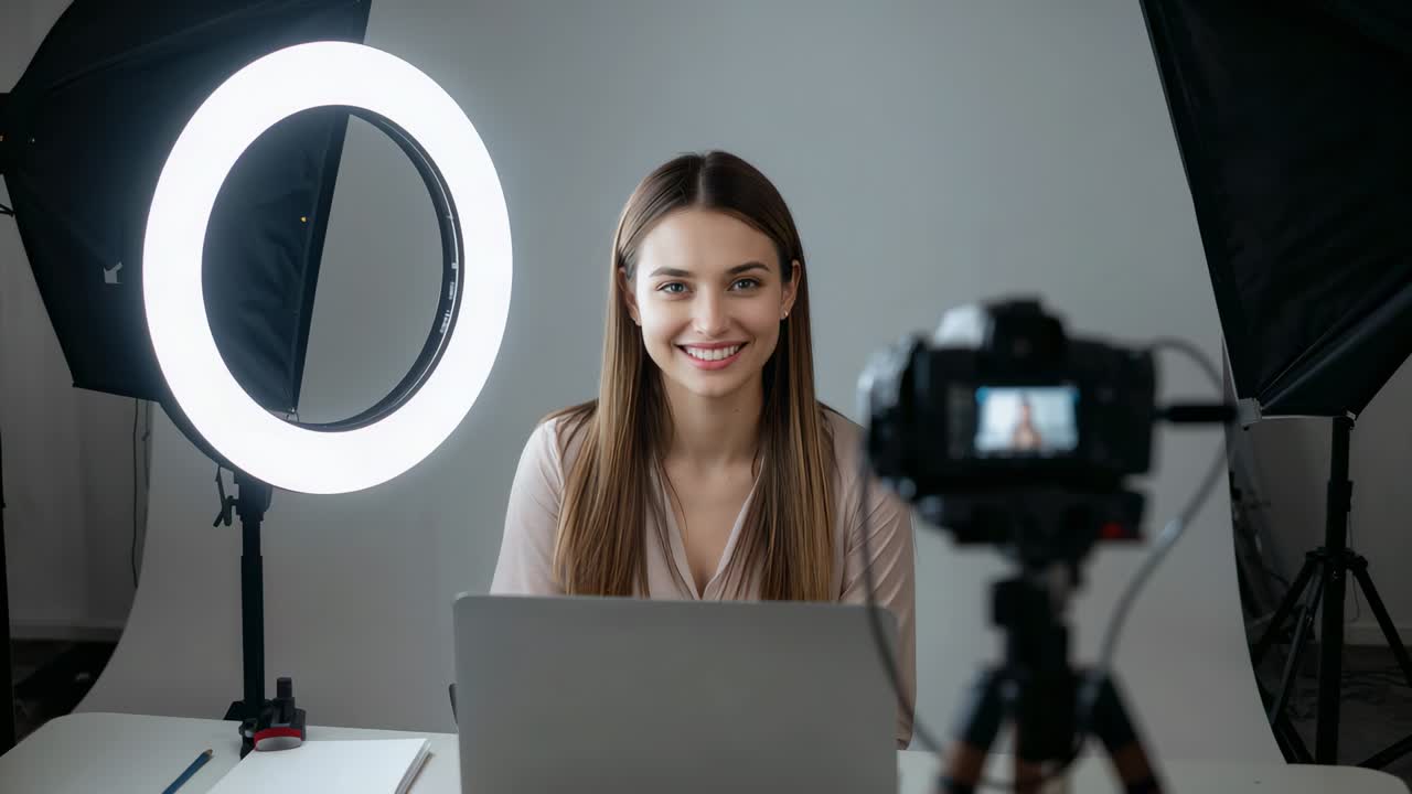 Smiling presenter wearing blush top, camera starting recording in studio with ring light and laptop