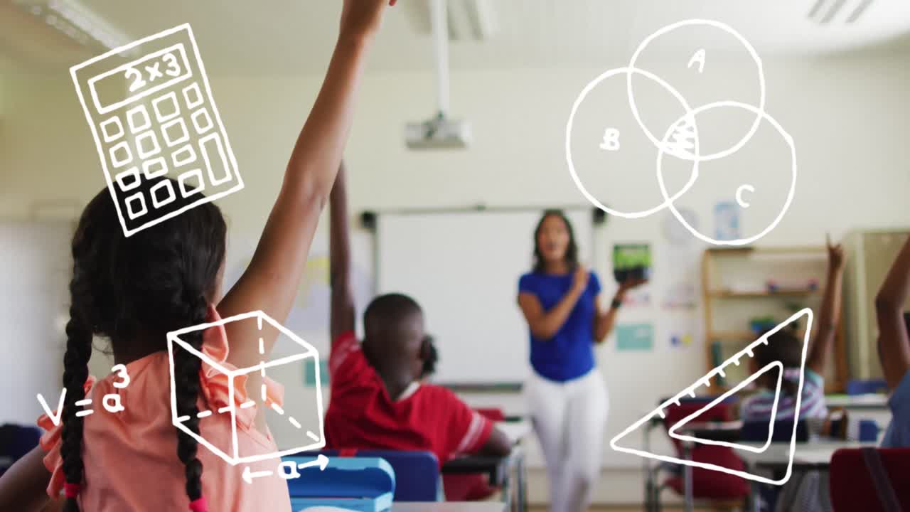 iconos del concepto de matemáticas contra una niña afroamericana levantando la mano para responder en clase en la escuela