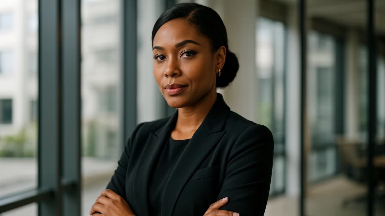 Professional video portrait of a confident businesswoman in a modern office, captured at eye level