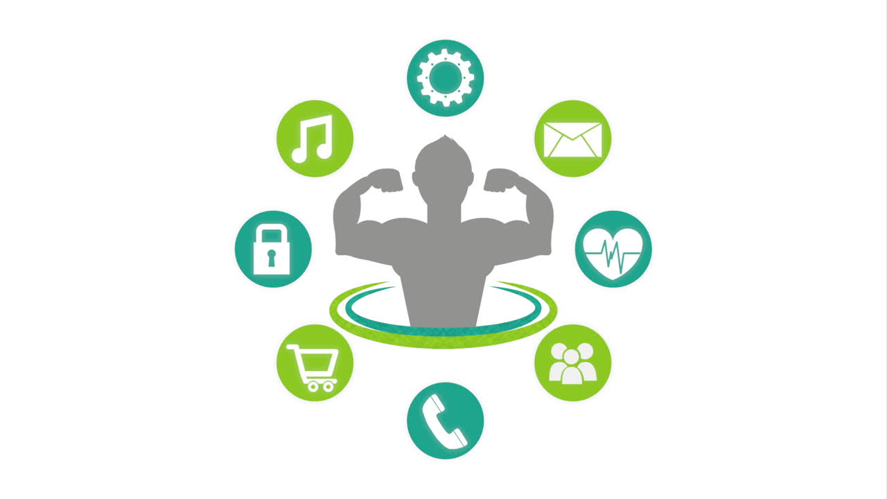 의사소통, 기술, 건강, 지원을 나타내는 아이콘을 가진 사람