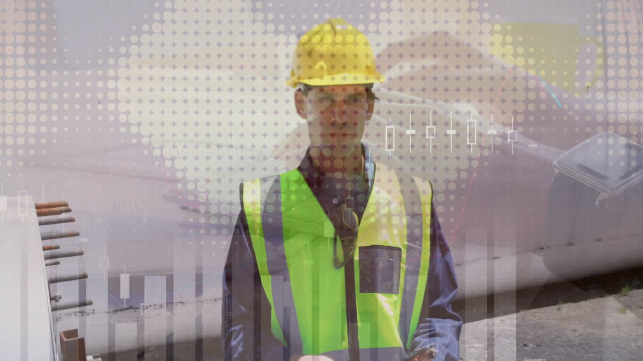 Construction worker wearing hard hat holding tablet at pipeline site, displaying candlestick chart