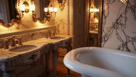 luxurious marble bathroom with ornate gold fixtures and double vanity