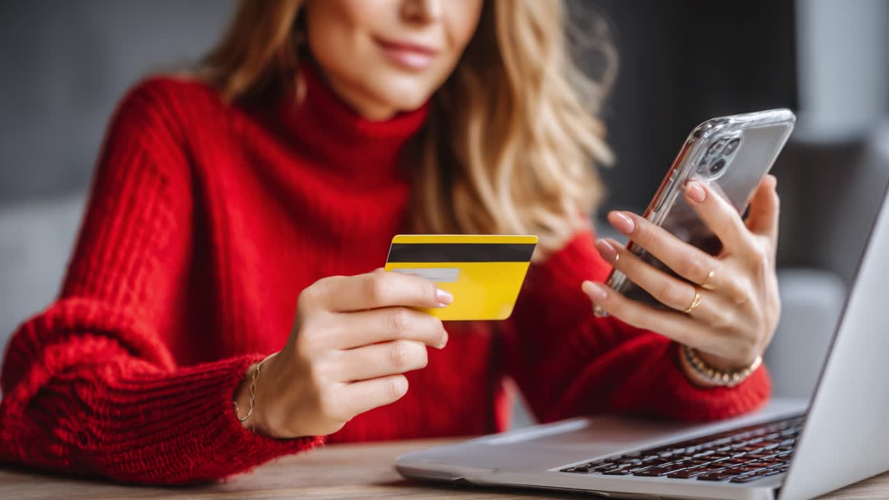 A Young Woman Engaging in Online Shopping Using Her Smartphone While Holding a Credit Card, Captured in Two Frames Showing the Process of Digital Payment
