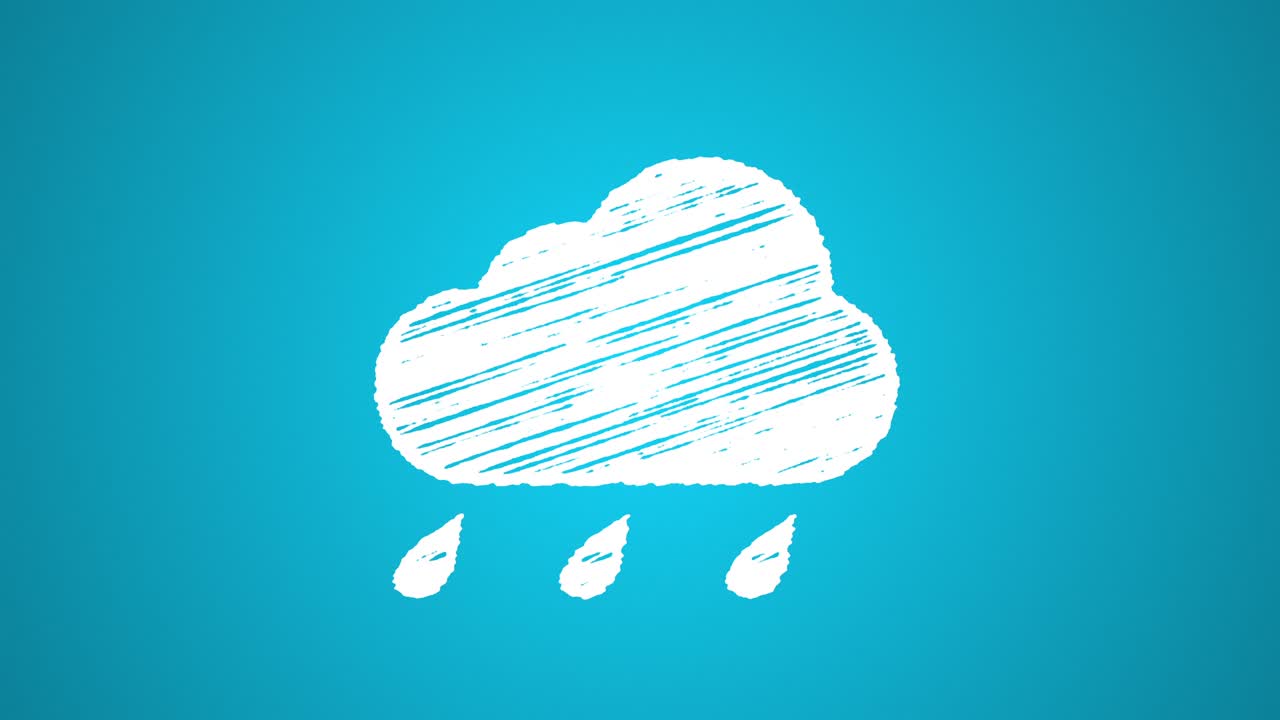ya sea icono de lluvia, nube azul con gotas pintadas con tiza aisladas en fondo blanco, animación dibujada a mano 4k