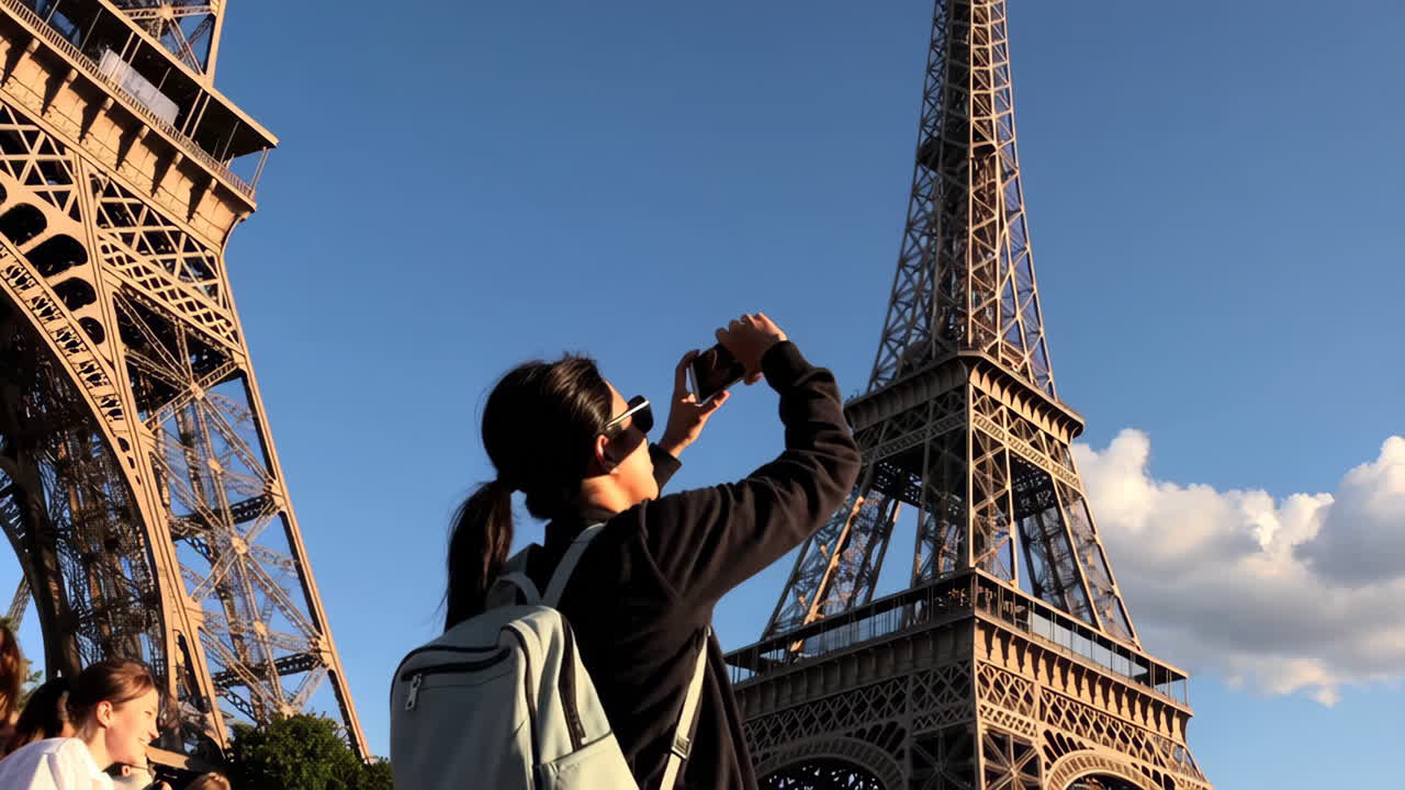 A person photographing the Eiffel Tower in Paris