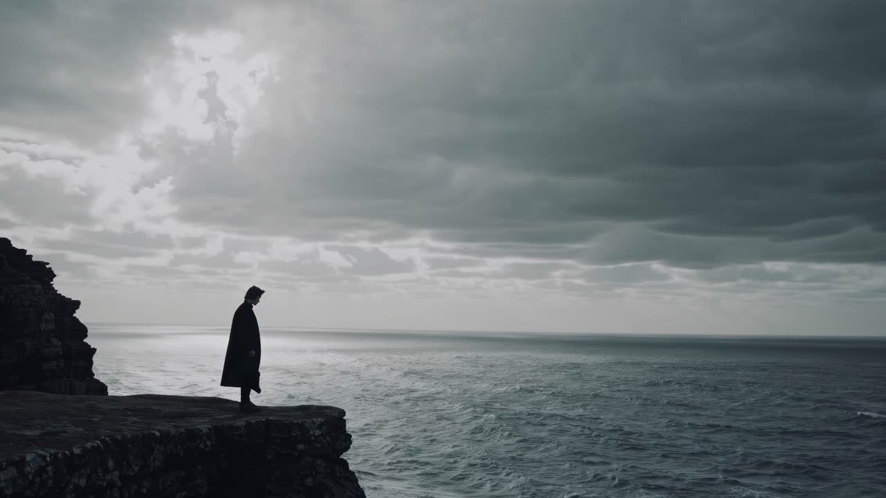 Dramatisk videoscen av en ensam figur på en klippkant, filmad från en låg vinkel, med en stämningsfull