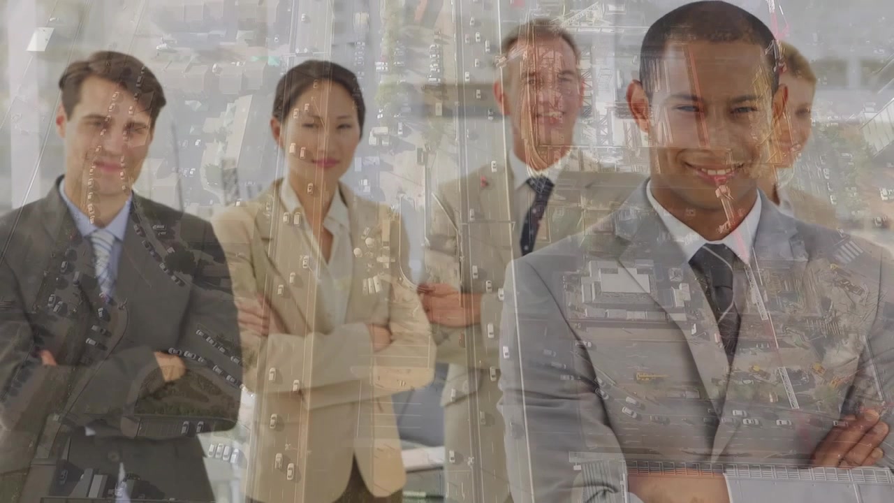 Animation of businessman handshake over business people