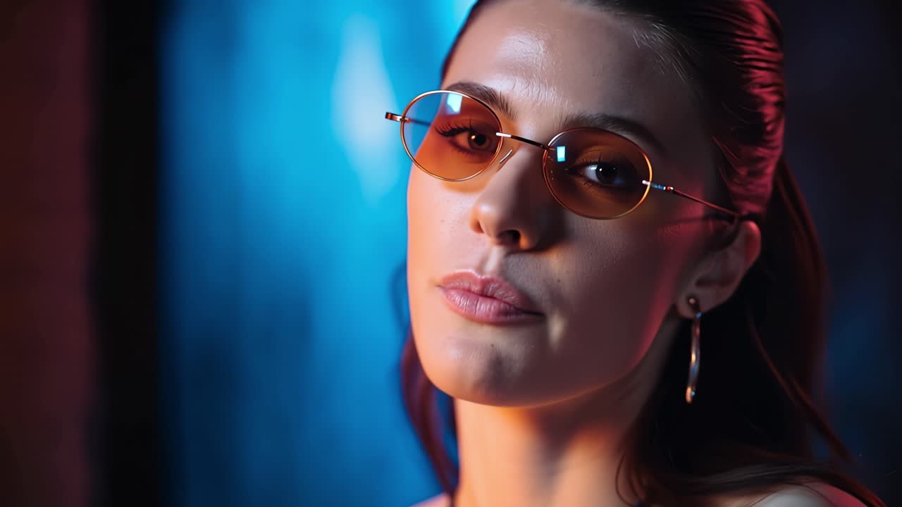 Woman gazes directly at the camera. Her glasses reflect warm, glowing light. Crisp shadows frame her elegant profile. The cool blue background adds depth. She wears subtle, modern accessories