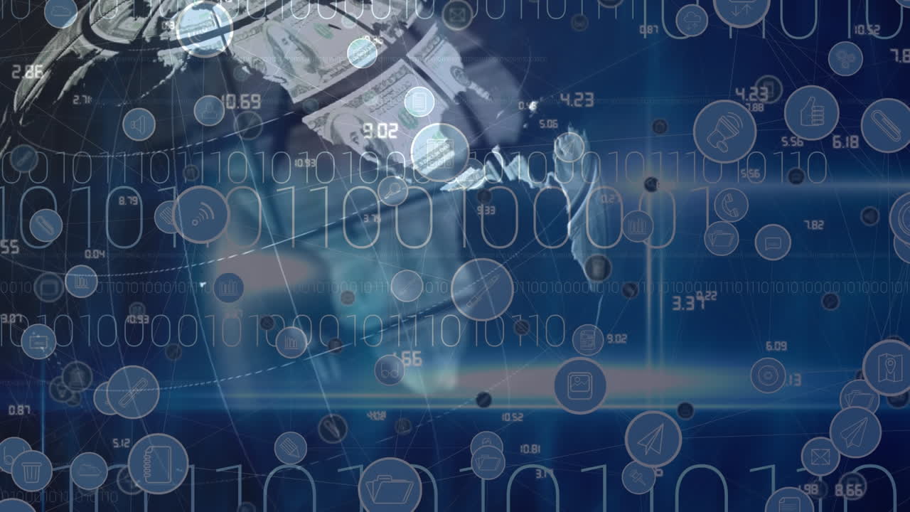 바이너리 코딩과 미국 달러로 형성된 지구의 디지털 아이콘의 애니메이션