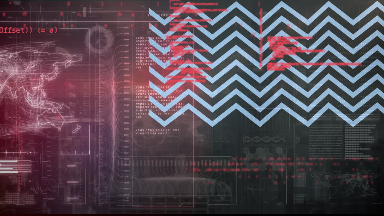 Animation of zigzag lines over interface with world map and processing data