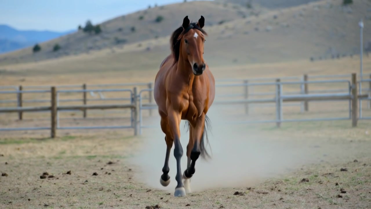 Cavallo baio in corsa che lascia il paddock, sollevando polvere mentre si avvicina a una telecamera bassa, staccionata di legno.