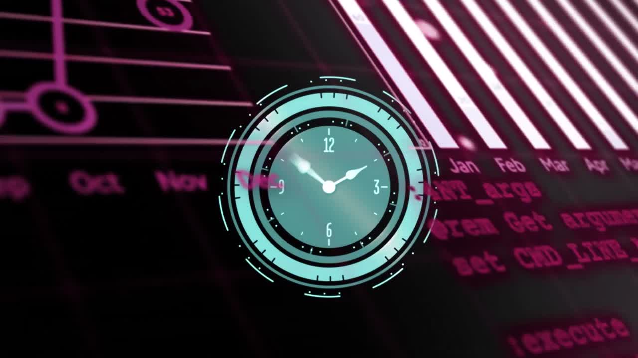 Animation of neon ticking clock over statistical data processing against black background
