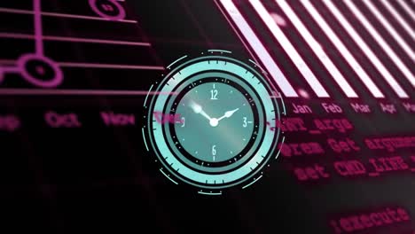 animation of neon ticking clock over statistical data processing against black background