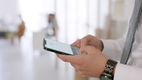 Hands-closeup,-phone-and-businessman-in-office