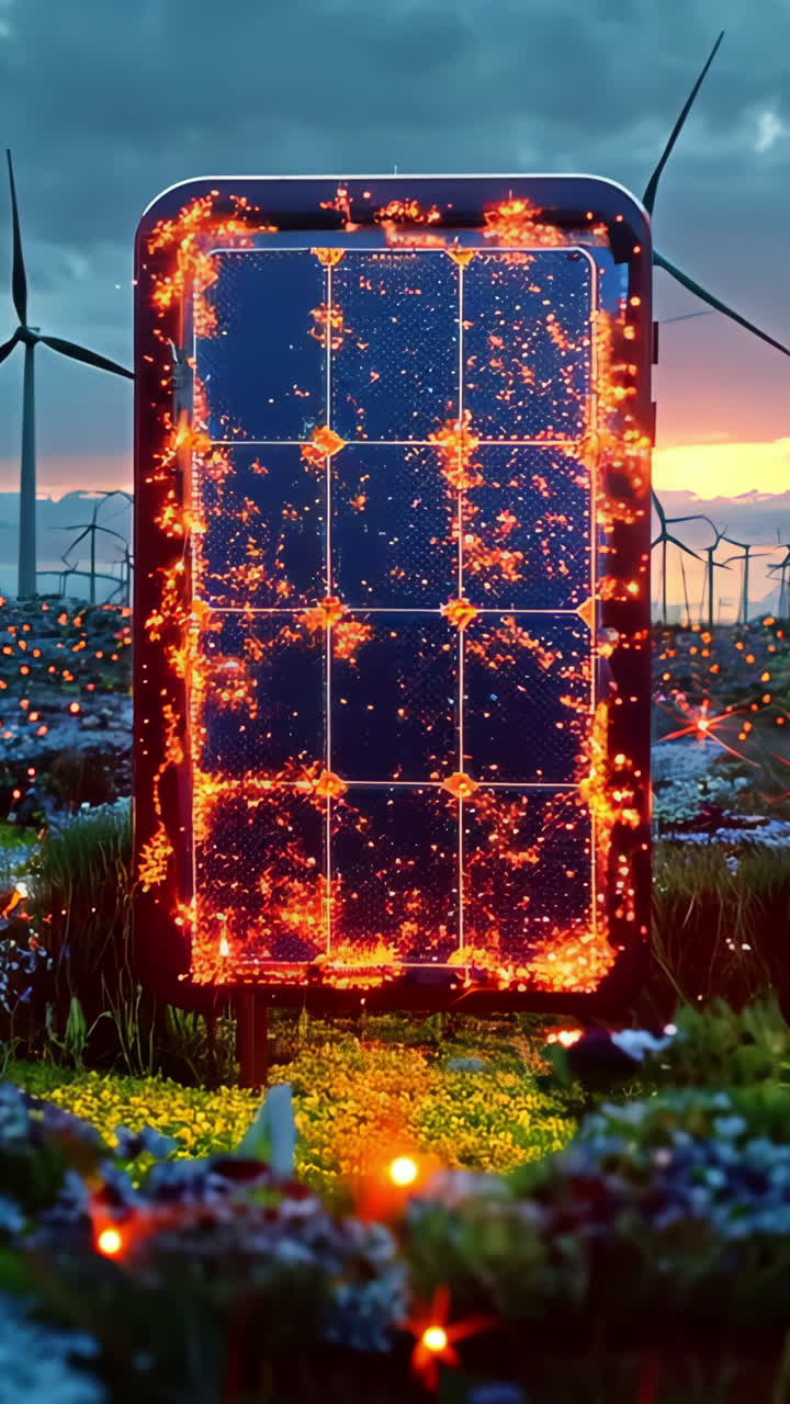 A cell phone is lit up with a glowing screen and surrounded by a field of wind turbines. Concept of technology and renewable energy, with the glowing screen representing the power of the cell phone