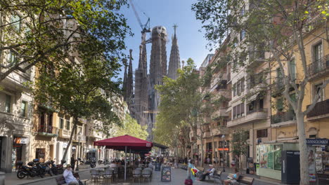 barcelona street scene with sagrada familia