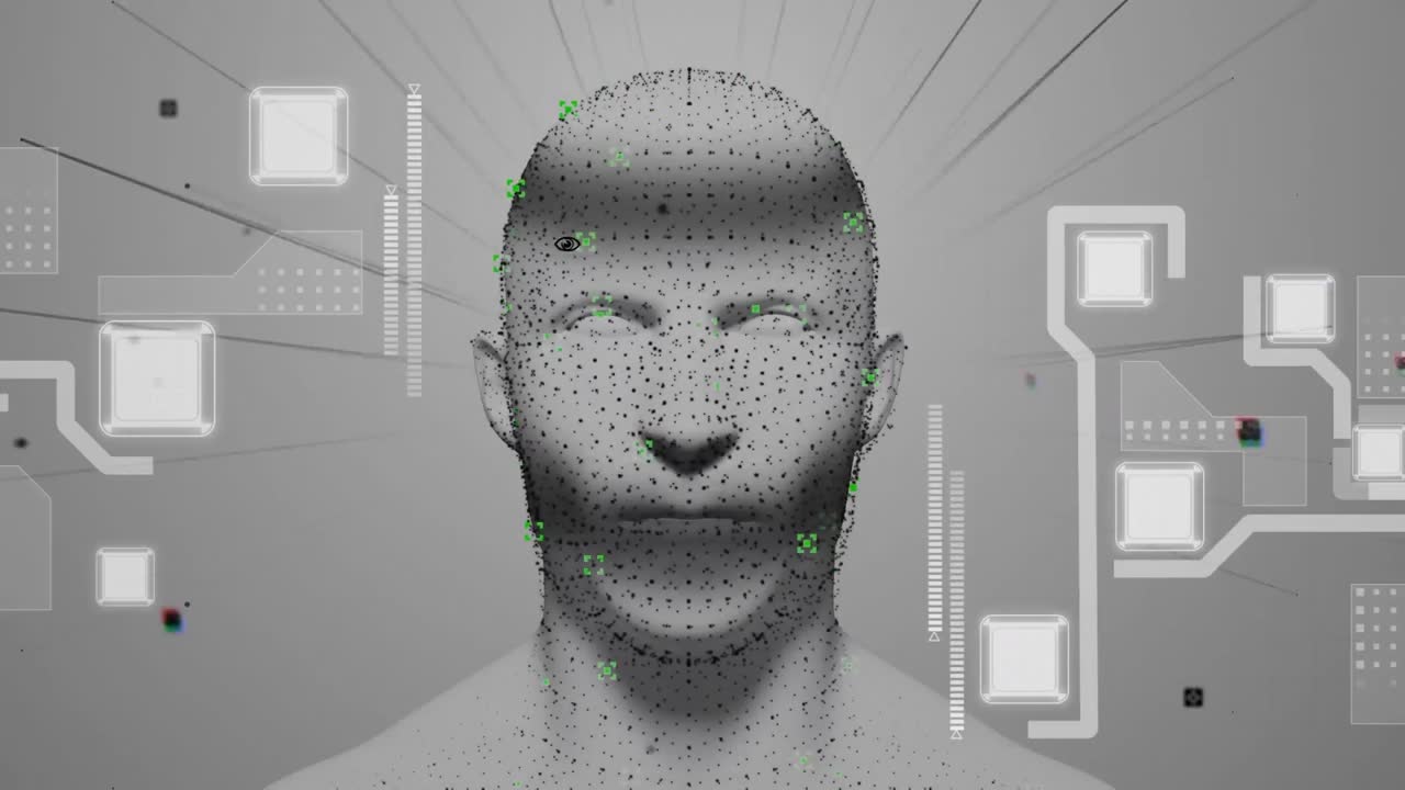 Animation of human head glowing with digital interface icons network