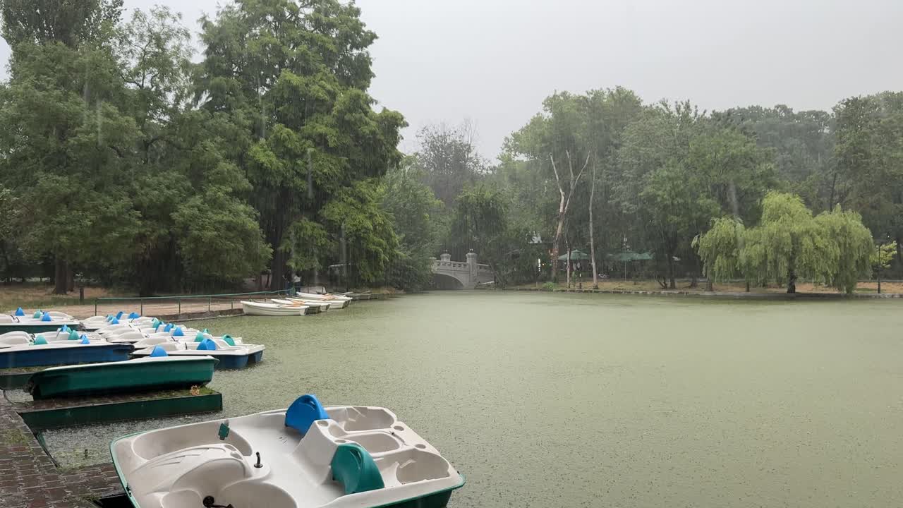 Raining in the European park of Cismigiu in Bucharest, Romania