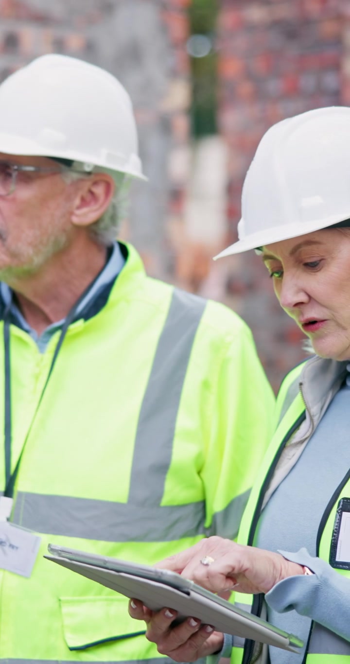 Two Construction Professionals Reviewing Plans on a Tablet at a Building Site