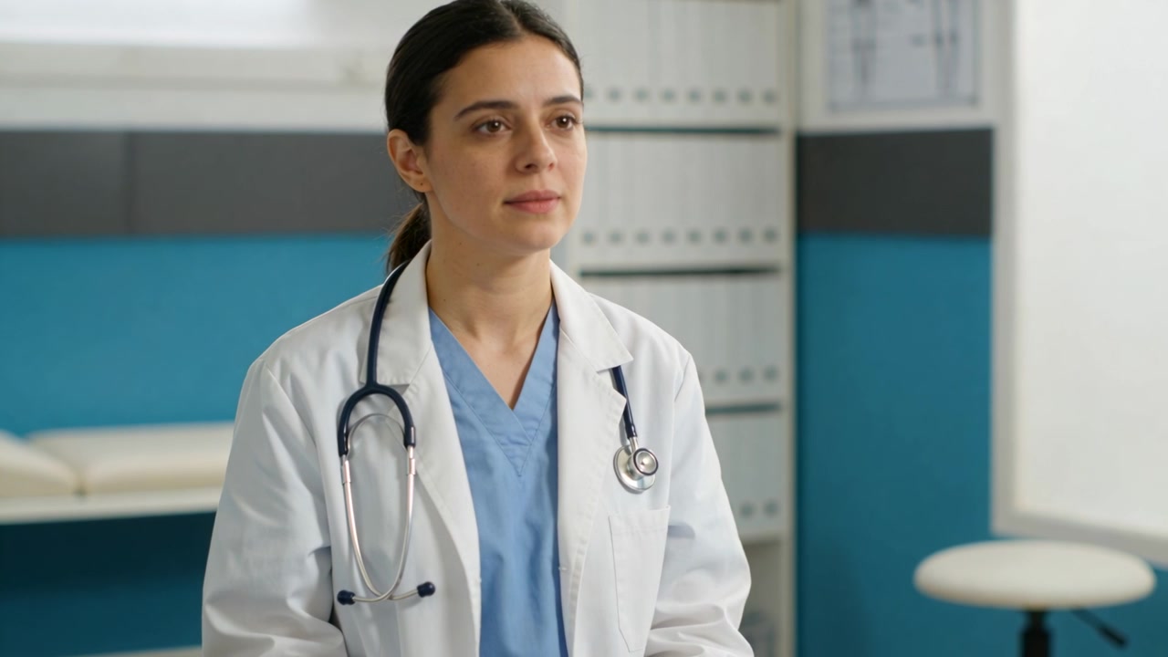 Respondiendo a una pregunta fuera de cámara, doctora con bata de laboratorio explicando el cuidado en la clínica con estetoscopio